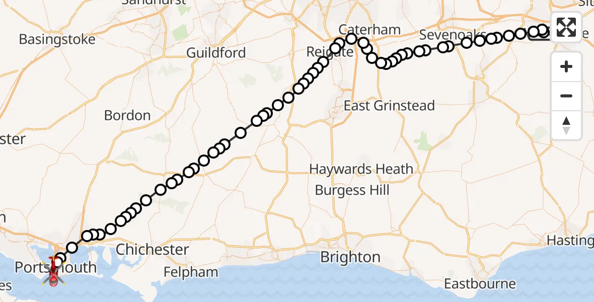 Flight path map showing Air Ambulance Helicopter route from Maidstone Hospital Heliport to Portsmouth