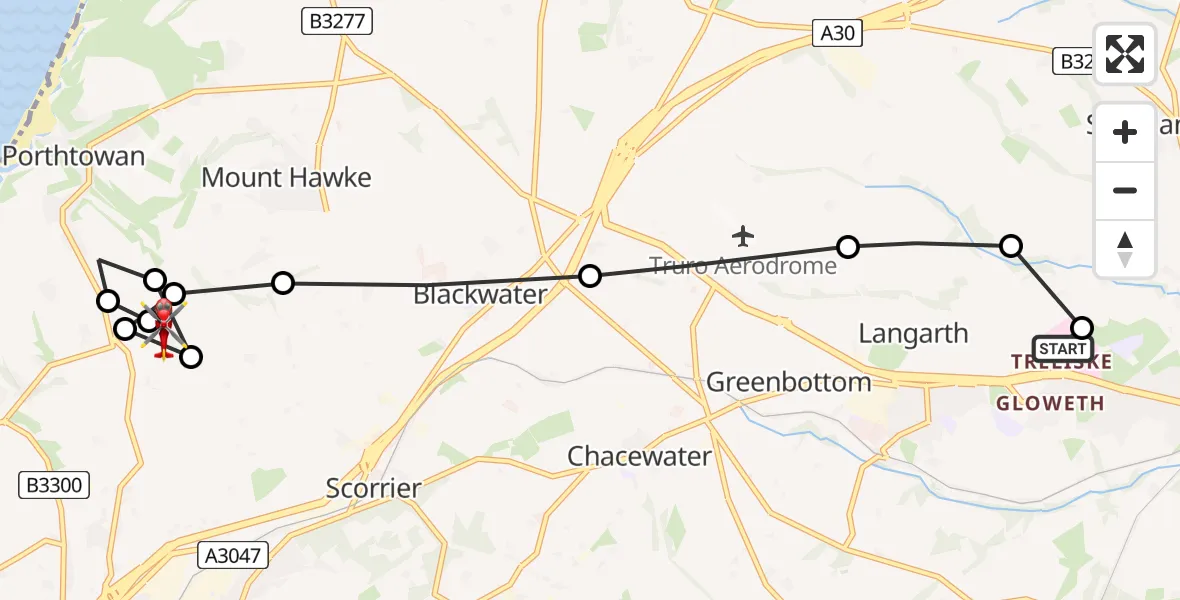 Flight path map showing Air Ambulance Helicopter route from Treliske Hospital to Redruth