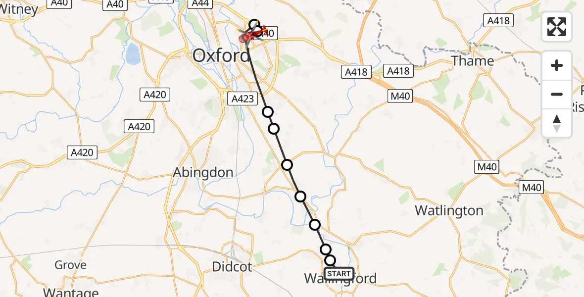 Flight path map showing Air Ambulance Helicopter route from Crowmarsh Gifford to Oxford