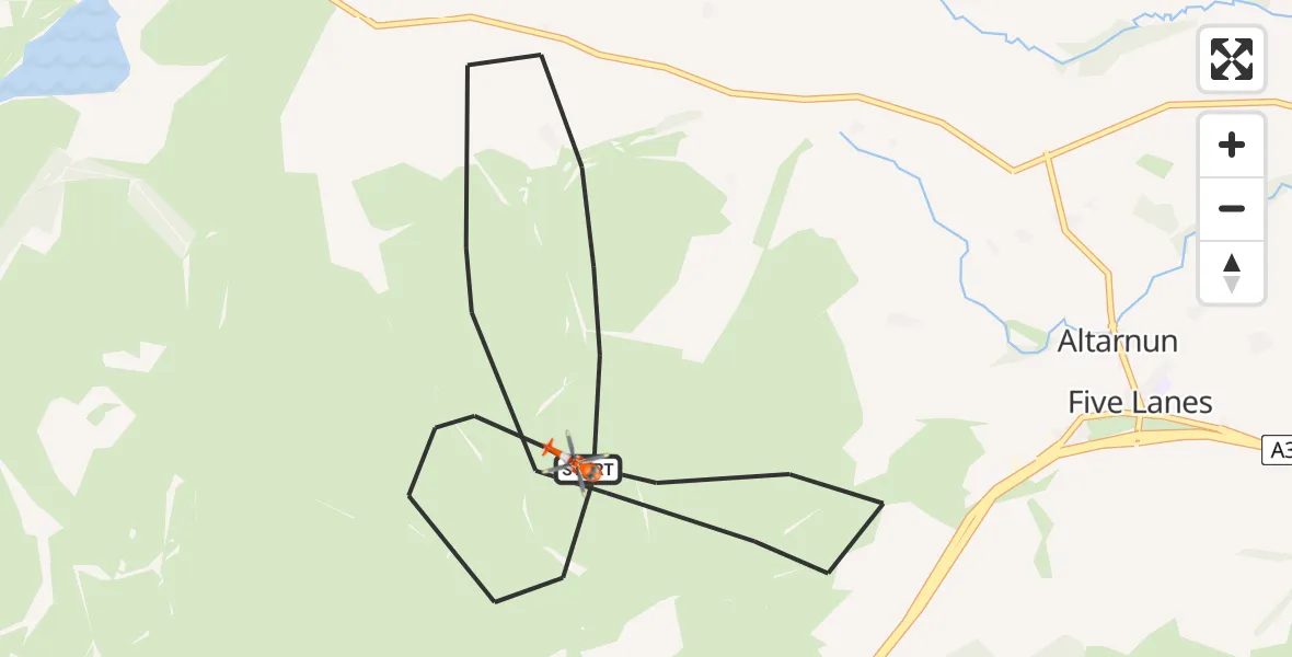 Flight path map showing Coastguard Helicopter route from Altarnun to Altarnun