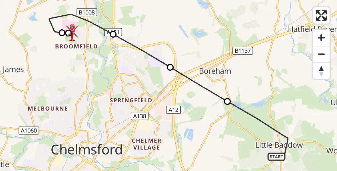 Flight path map showing Air Ambulance Helicopter route from Little Baddow to Broomfield Hospital