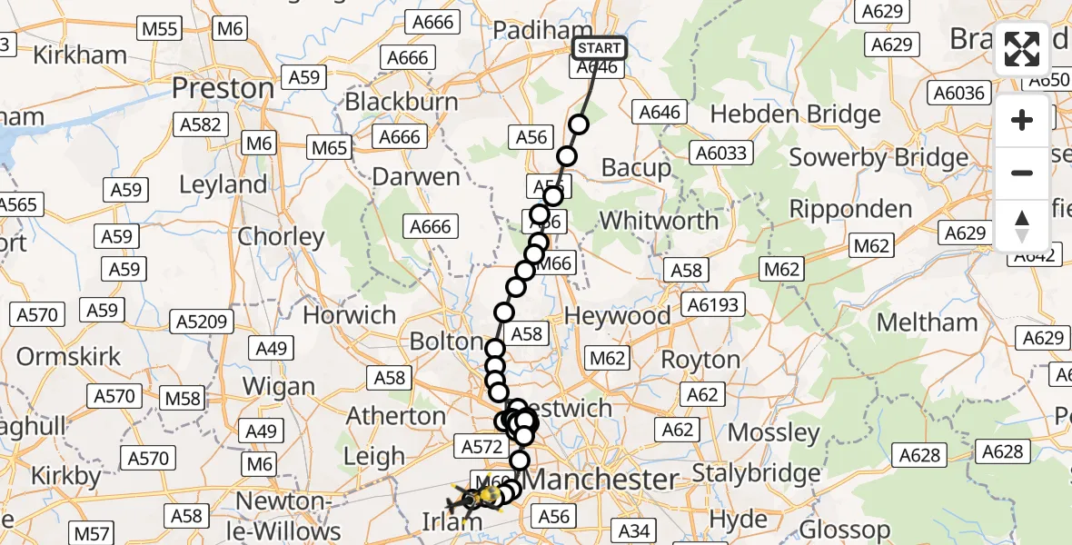 Flight path map showing Police Helicopter route from Burnley to Eccles