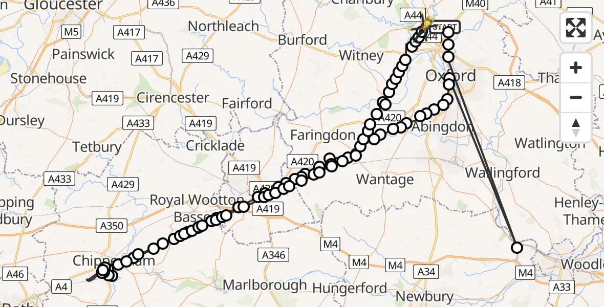 Flight path map showing Police Helicopter route from Hampton Poyle to Begbroke