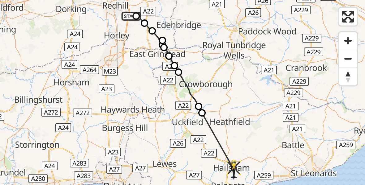 Flight path map showing Police Helicopter route from South Nutfield to Hailsham