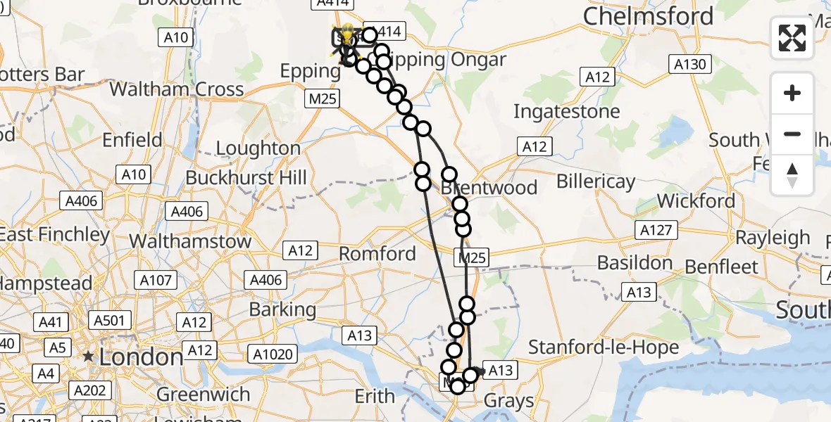 Flight path map showing Police Helicopter route from North Weald Airfield to North Weald Airfield