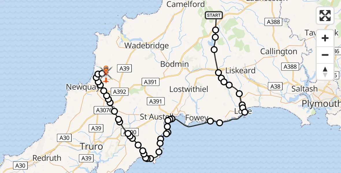 Flight path map showing Coastguard Helicopter route from Altarnun to Cornwall Airport Newquay