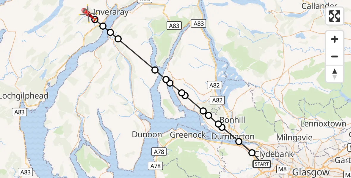 Flight path map showing Air Ambulance Helicopter route from Erskine to Achnagoul