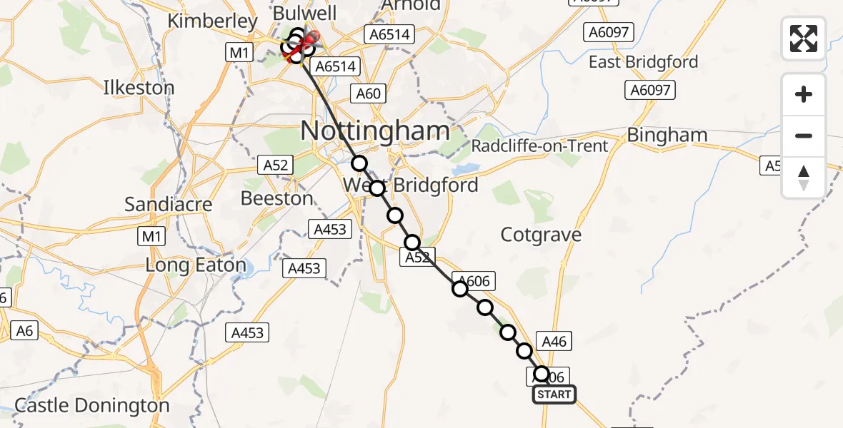 Flight path map showing Air Ambulance Helicopter route from Hickling to Bulwell