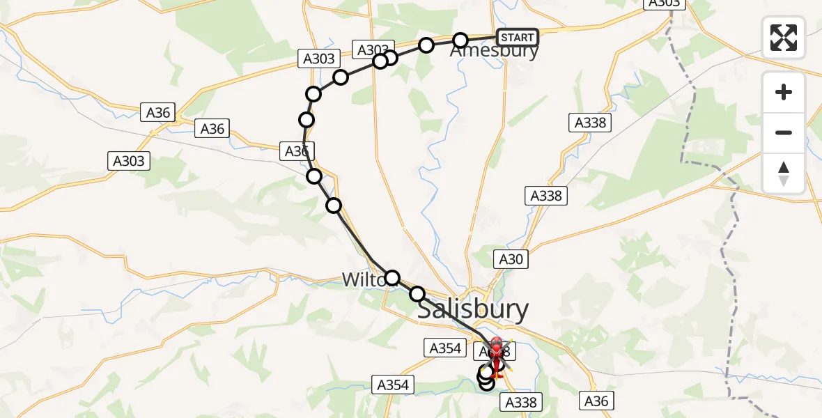 Flight path map showing Air Ambulance Helicopter route from Amesbury to Britford