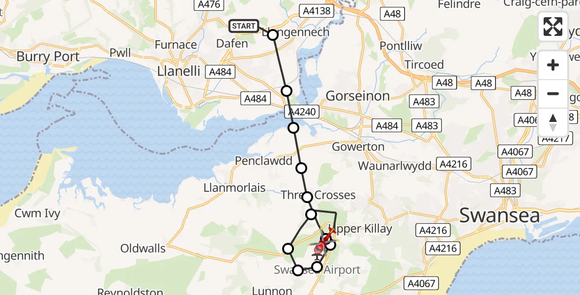 Flight path map showing Air Ambulance Helicopter route from Dafen to Swansea Airport