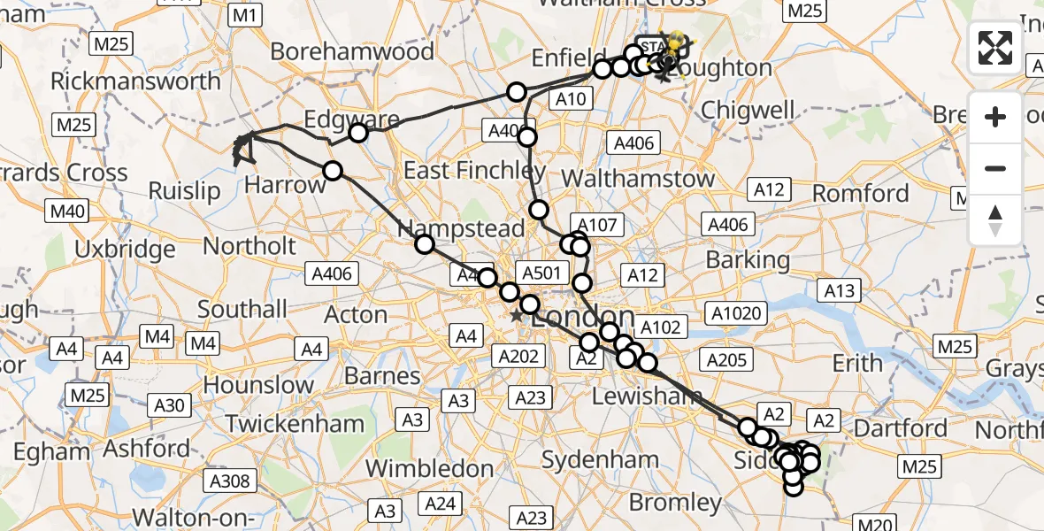 Flight path map showing Police Helicopter route from Sewardstonebury to Sewardstonebury
