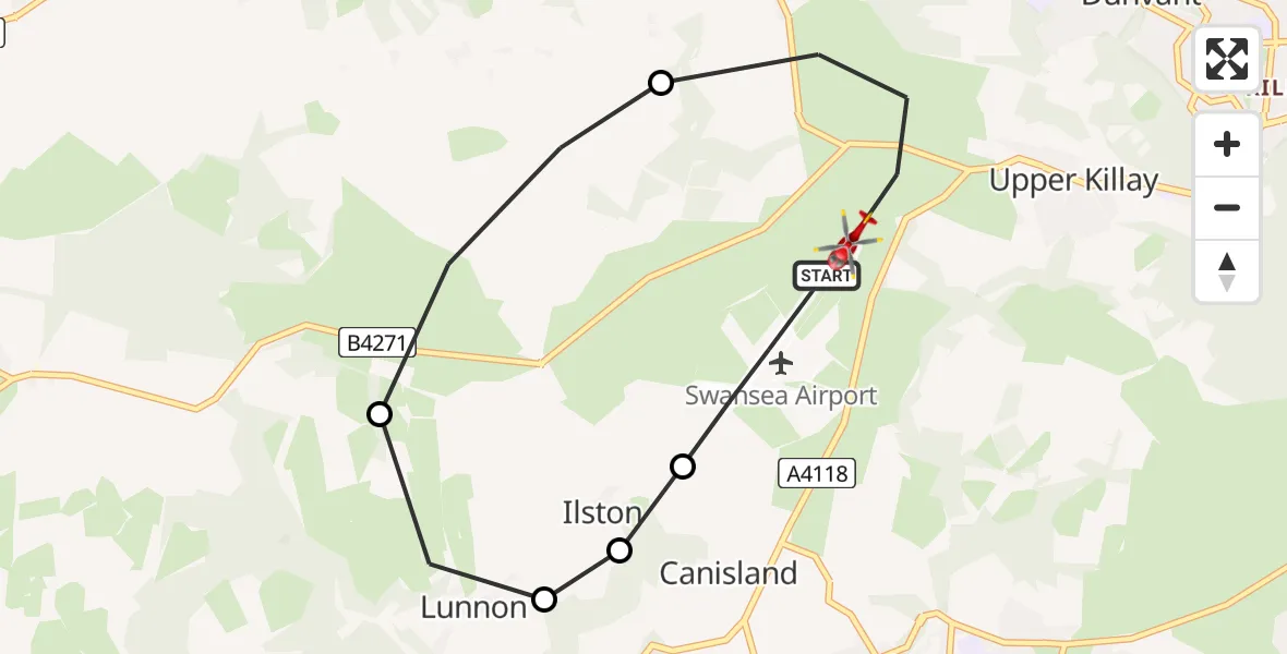 Flight path map showing Air Ambulance Helicopter route from Swansea Airport to Swansea Airport