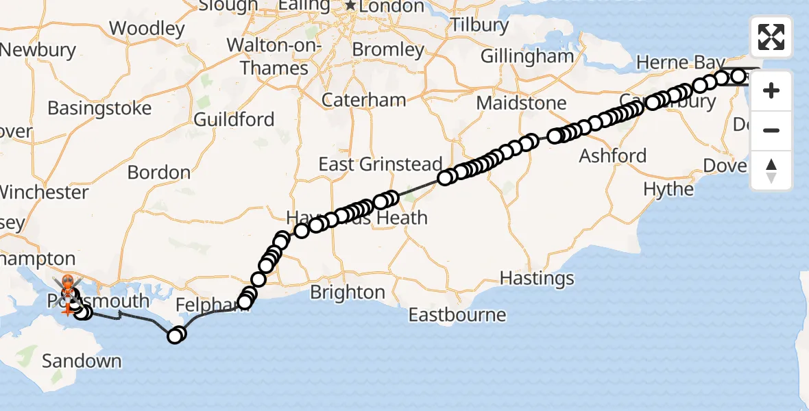 Flight path map showing Coastguard Helicopter route from Manston Airport to Solent Airport