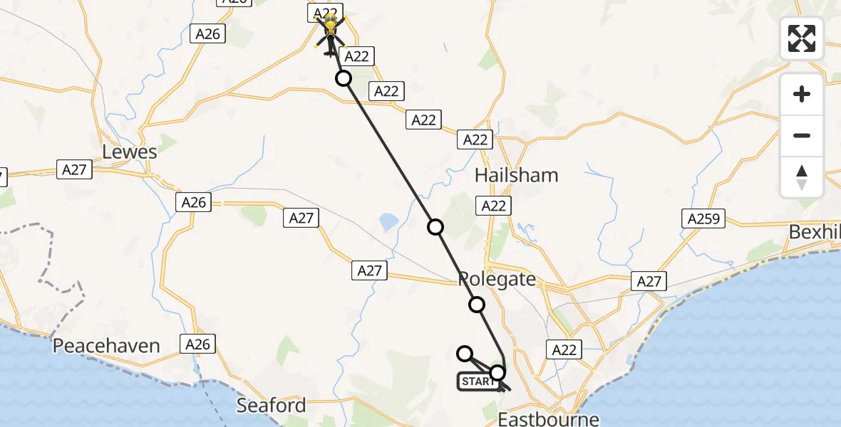 Flight path map showing Police Helicopter route from Eastbourne to Laughton