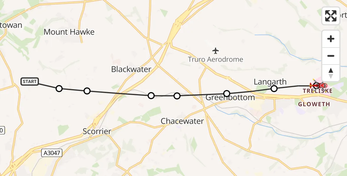 Flight path map showing Air Ambulance Helicopter route from Redruth to Treliske Hospital