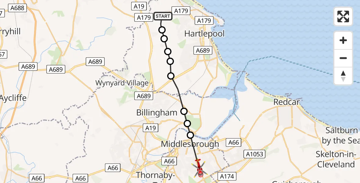 Flight path map showing Air Ambulance Helicopter route from Hart to James Cook University Hospital