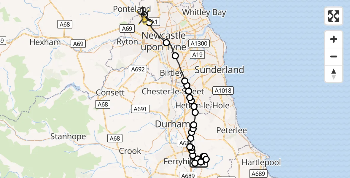 Flight path map showing Police Helicopter route from Fishburn Airfield to Newcastle International Airport