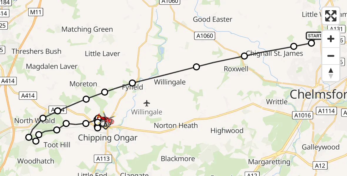 Flight path map showing Air Ambulance Helicopter route from Broomfield Hospital to Chipping Ongar