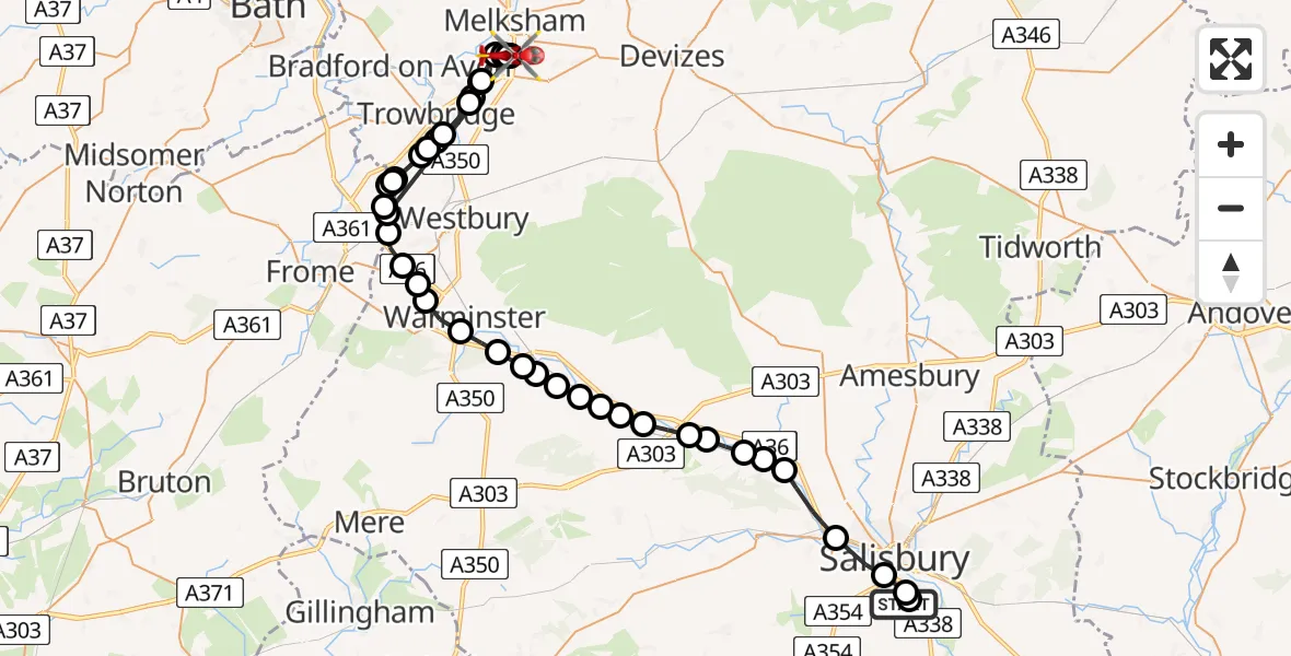Flight path map showing Air Ambulance Helicopter route from Salisbury District Hospital to Trowbridge