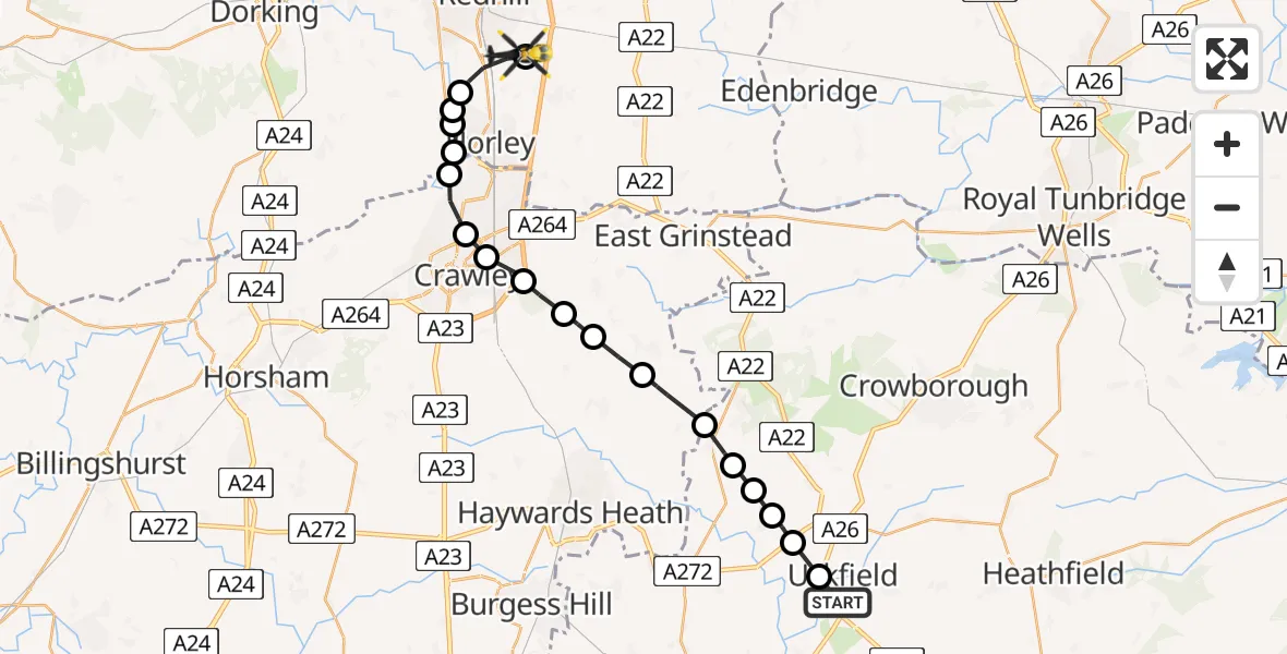 Flight path map showing Police Helicopter route from Little Horsted to Redhill Aerodrome