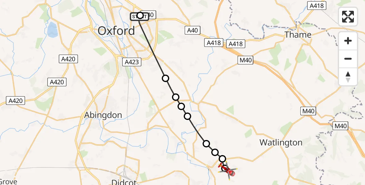 Flight path map showing Air Ambulance Helicopter route from John Radcliffe Hospital to RAF Benson