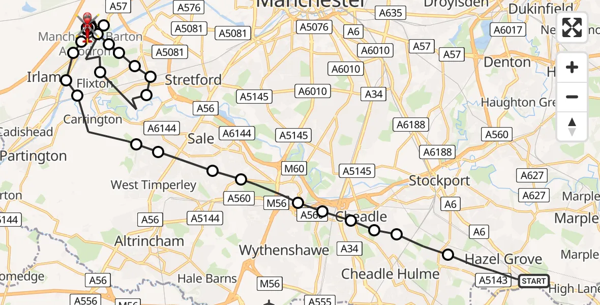 Flight path map showing Air Ambulance Helicopter route from Hazel Grove to Irlam
