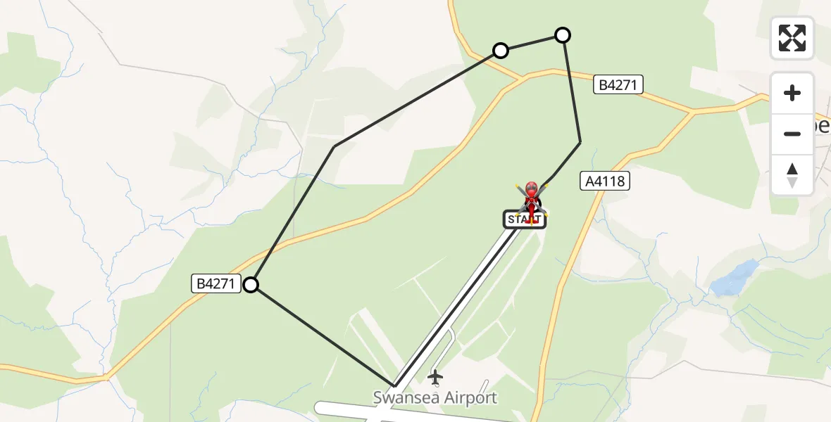 Flight path map showing Air Ambulance Helicopter route from Swansea Airport to Swansea Airport