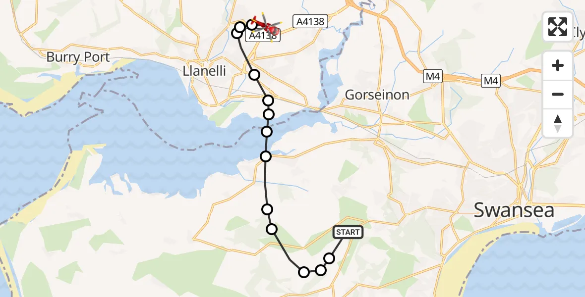 Flight path map showing Air Ambulance Helicopter route from Swansea Airport to Dafen