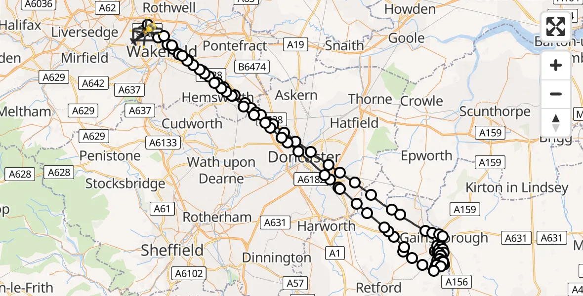 Flight path map showing Police Helicopter route from Wrenthorpe to East Ardsley