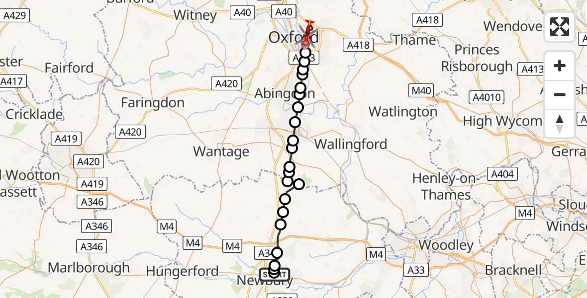 Flight path map showing Air Ambulance Helicopter route from Cold Ash to Oxford
