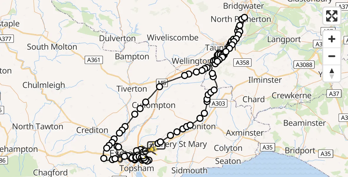 Flight path map showing Police Helicopter route from Rockbeare to Exeter International Airport