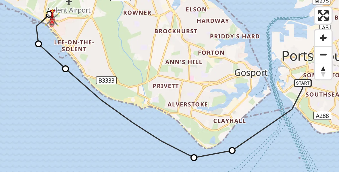 Flight path map showing Air Ambulance Helicopter route from Portsmouth to Solent Airport