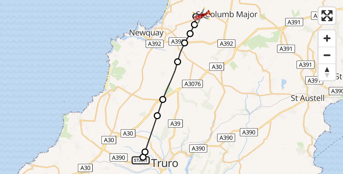Routekaart van de vlucht: Air Ambulance Helicopter to Cornwall Airport Newquay