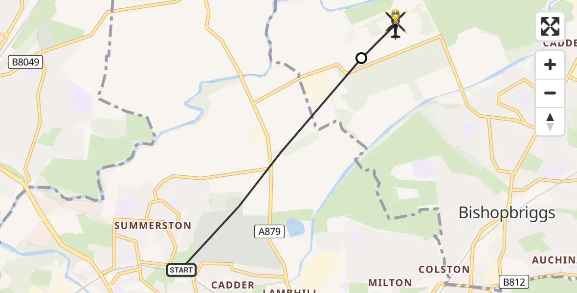 Flight path map showing Police Helicopter route from Glasgow to Bishopbriggs