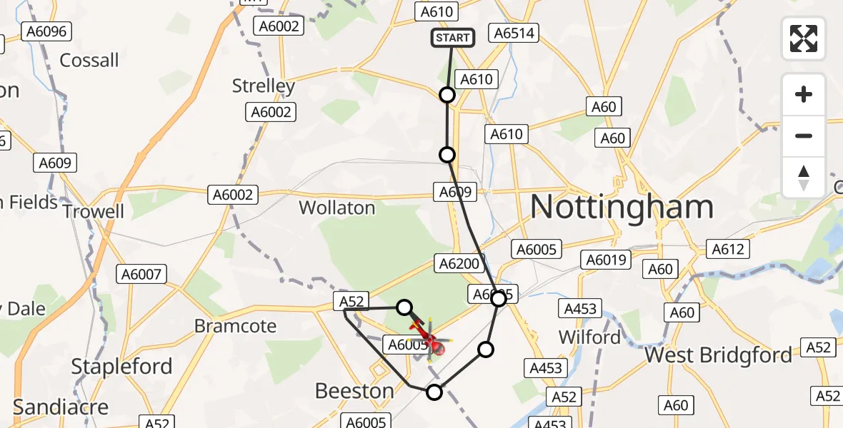 Flight path map showing Air Ambulance Helicopter route from Bulwell to City of Nottingham