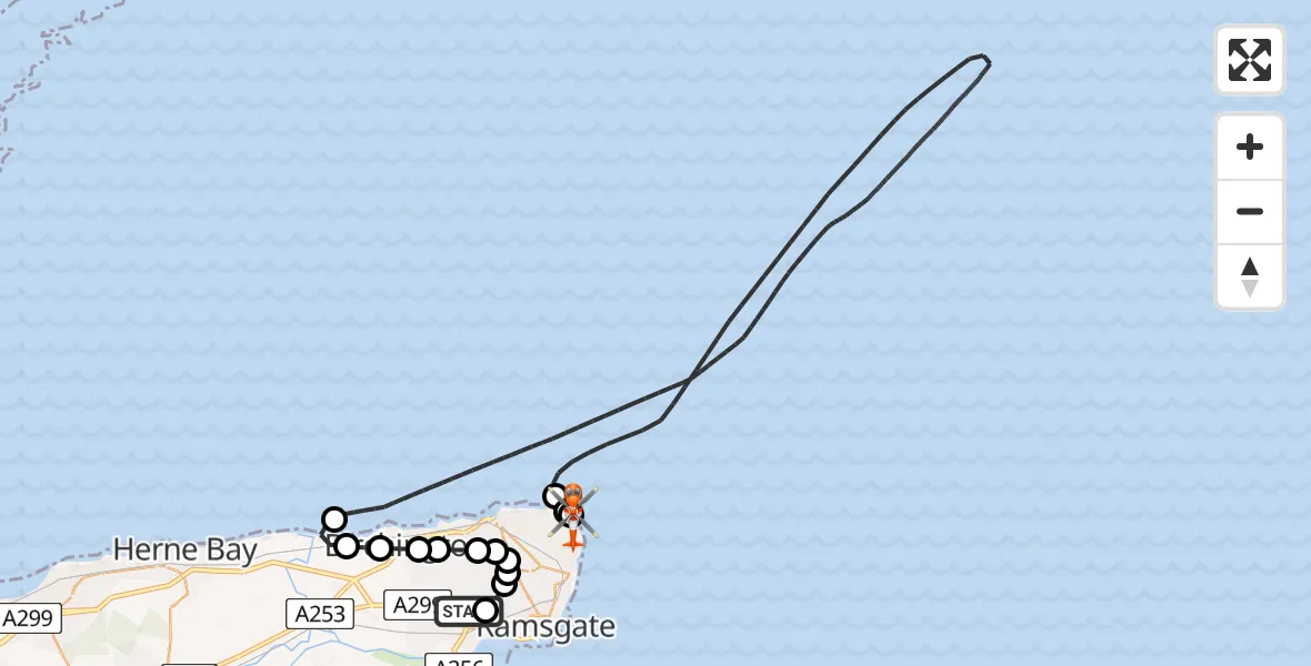 Flight path map showing Coastguard Helicopter route from Manston Airport to Broadstairs