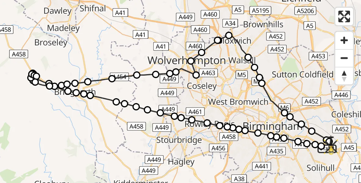 Flight path map showing Police Helicopter route from Solihull to Solihull