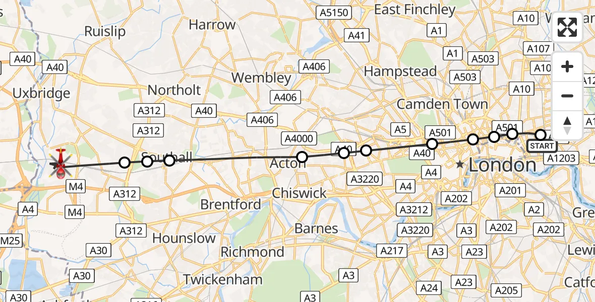 Flight path map showing Air Ambulance Helicopter route from Royal London Hospital to London Borough of Hillingdon