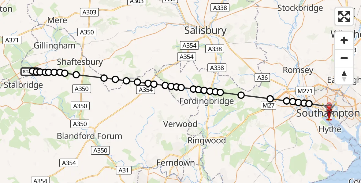 Flight path map showing Air Ambulance Helicopter route from Henstridge Airfield to Southampton