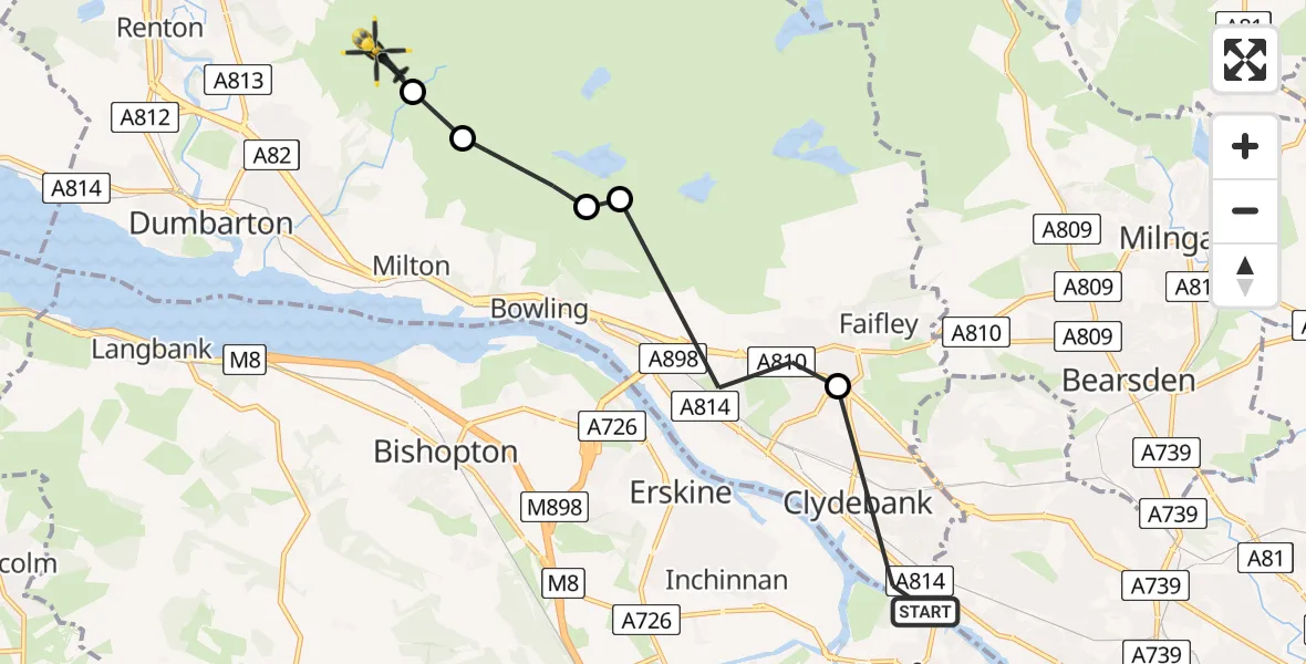 Flight path map showing Police Helicopter route from Renfrew to Dumbarton