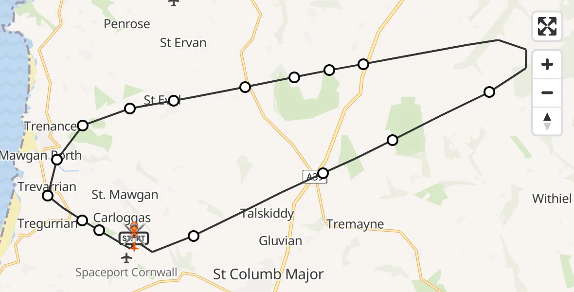 Flight path map showing Coastguard Helicopter route from Cornwall Airport Newquay to Cornwall Airport Newquay