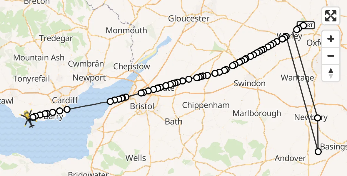Flight path map showing Police Helicopter route from West Oxfordshire to Boverton
