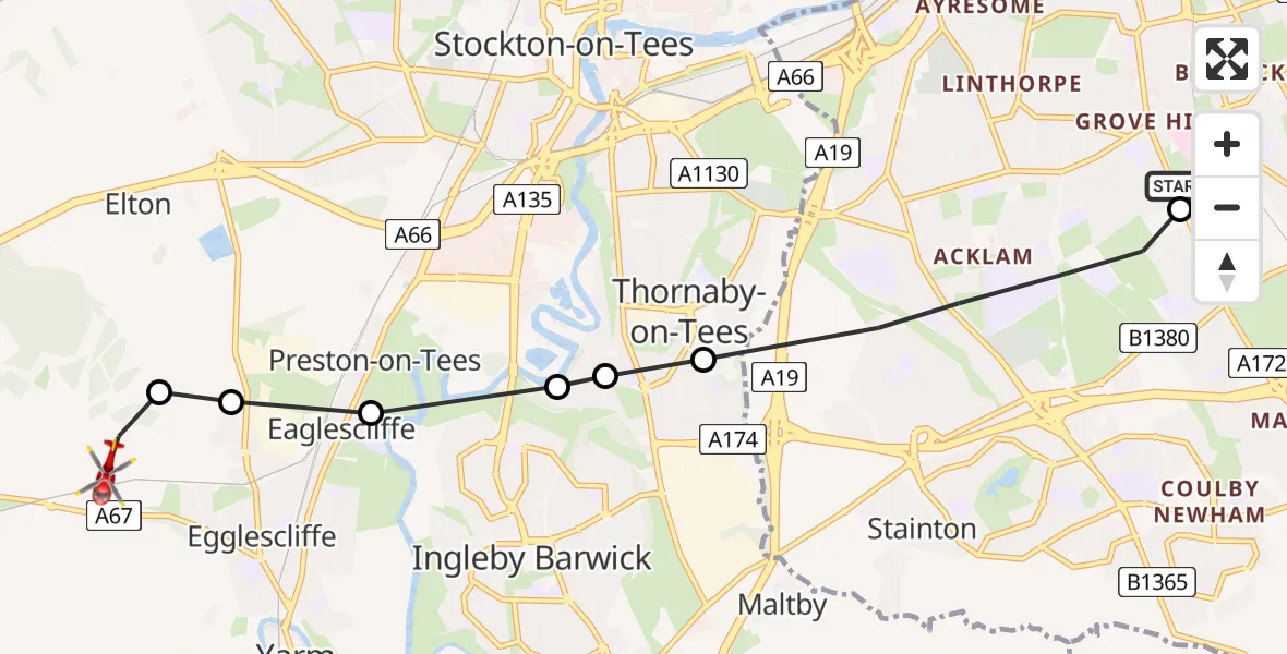 Flight path map showing Air Ambulance Helicopter route from James Cook University Hospital to Egglescliffe