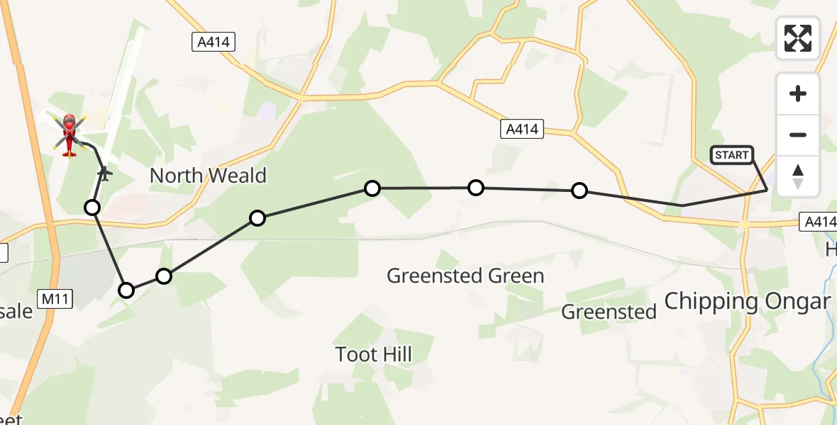 Flight path map showing Air Ambulance Helicopter route from Chipping Ongar to North Weald Airfield