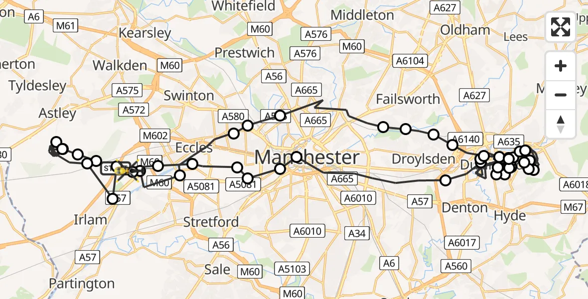 Flight path map showing Police Helicopter route from Manchester Barton Aerodrome to Manchester Barton Aerodrome