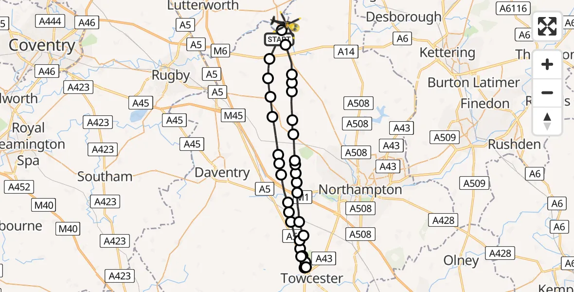 Flight path map showing Police Helicopter route from Welford to Harborough