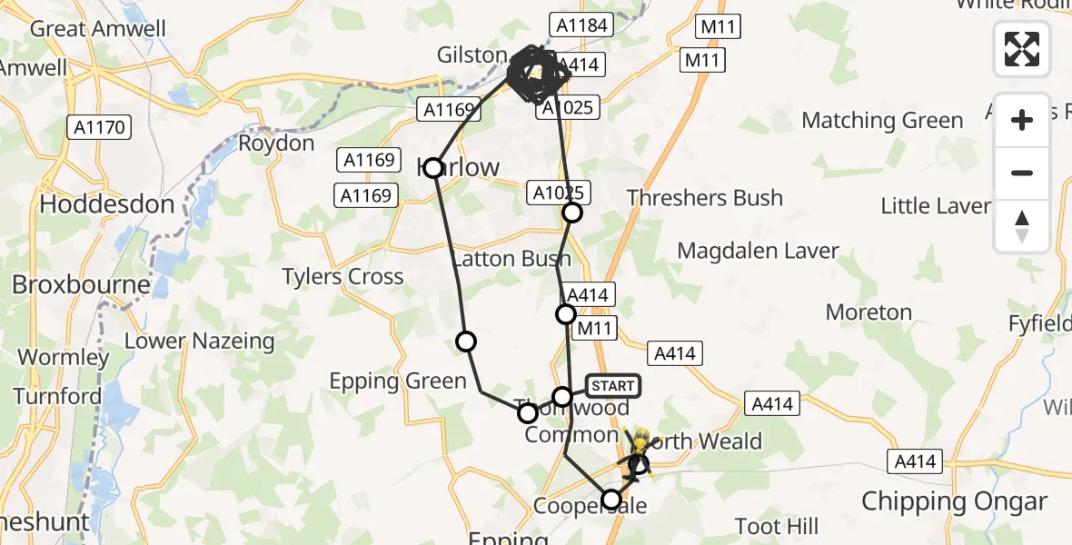 Flight path map showing Police Helicopter route from North Weald Airfield to North Weald Airfield