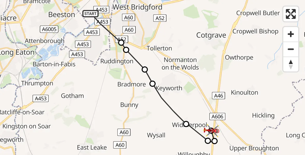 Flight path map showing Air Ambulance Helicopter route from City of Nottingham to Widmerpool
