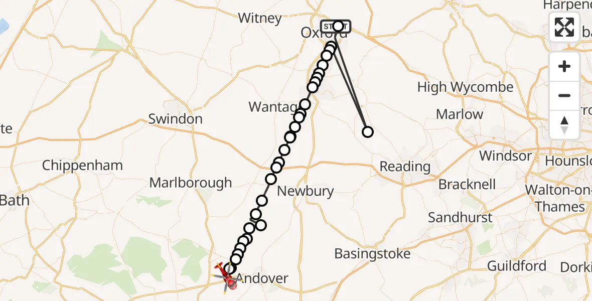 Flight path map showing Air Ambulance Helicopter route from John Radcliffe Hospital to Thruxton Aerodrome