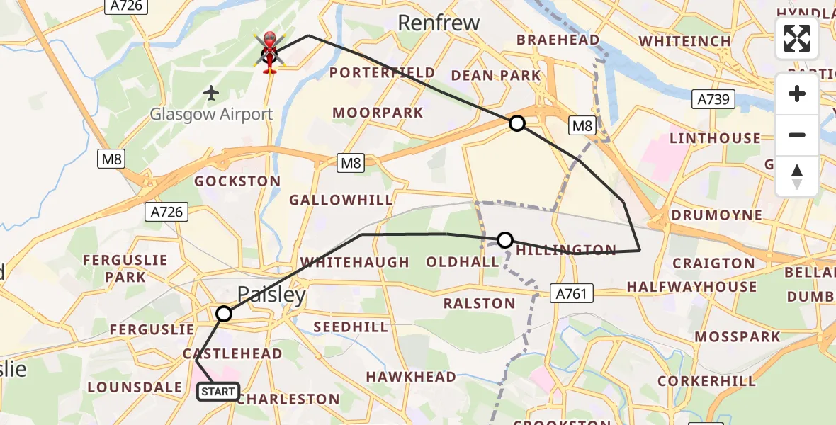 Flight path map showing Air Ambulance Helicopter route from Royal Alexandria Hospital Paisley to Glasgow Airport